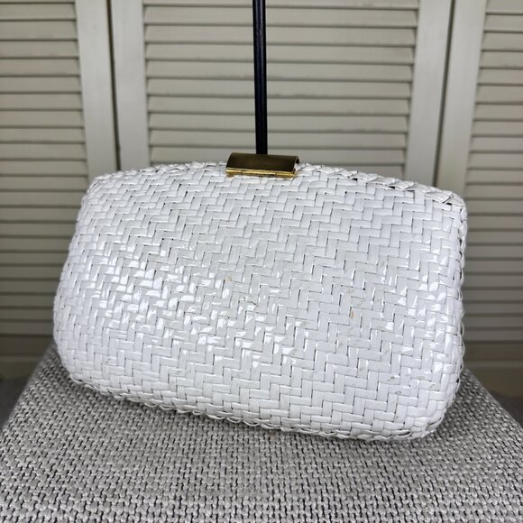 Vintage RODO Italy White Glazed Wicker Woven Evening Bag Clutch Leather Lined - Picture 4 of 8